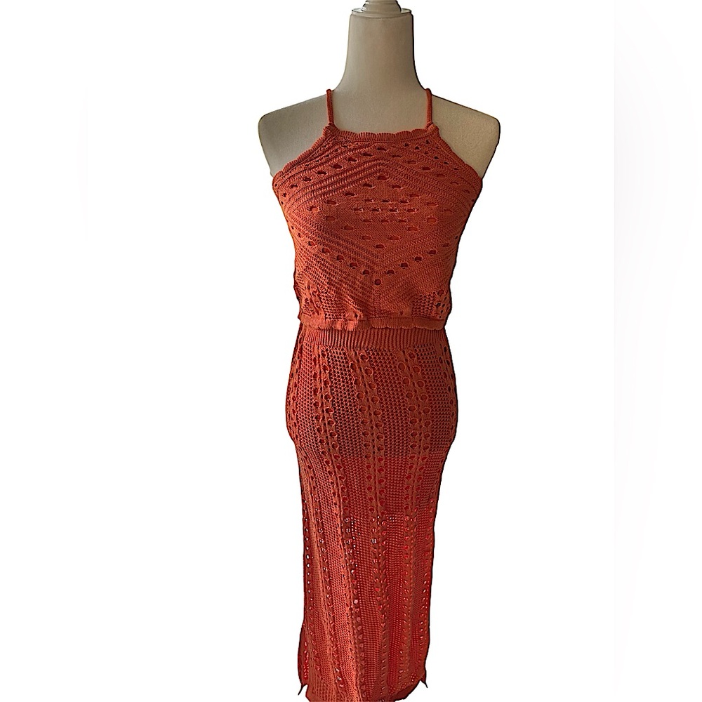 Olive + Oak Orange Crochet Knit 2 Piece Set Halter Crop Top & Midi Skirt  Resort